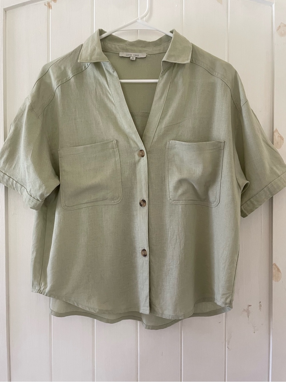 Love Tree Sage Green Button-Front Pocket Shirt Top Linen Blend size M